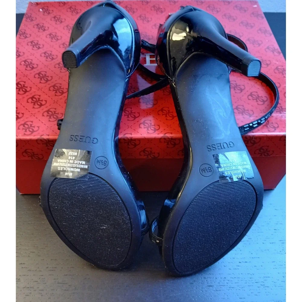 GUESS WGWHOLES Womens Black Patent Rhinestone Strappy Stiletto Heels 8.5M